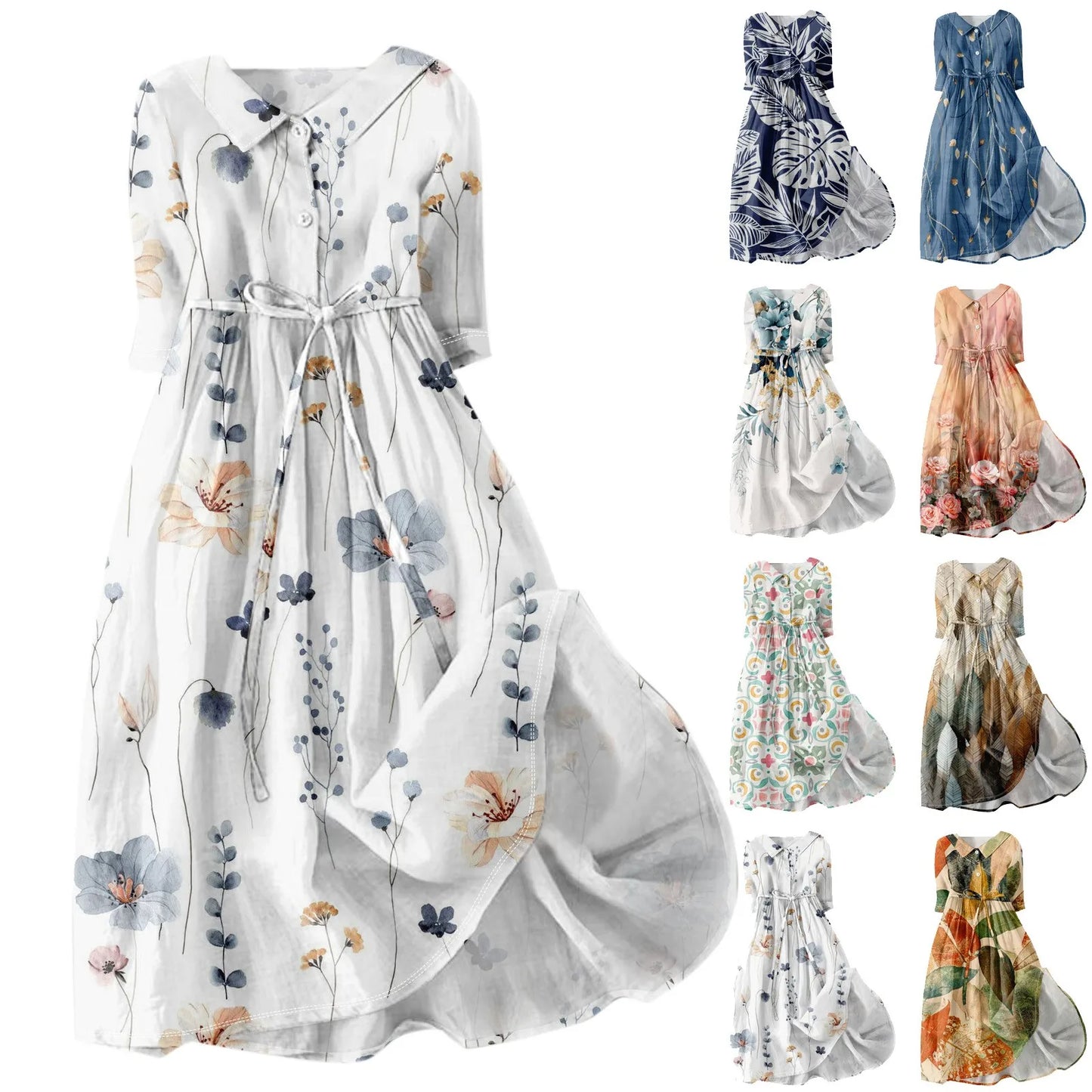 Floral Elegant  Lapel Button Evening Party Dresses Three Quarter Sleeves Formal Wear Mid-Calf  Summer Dress