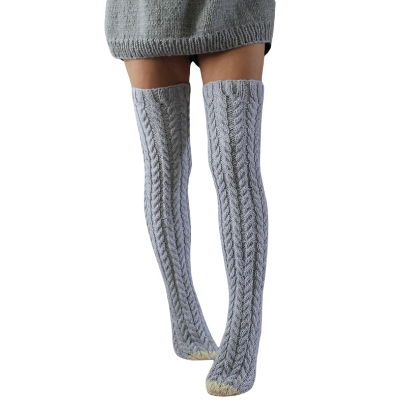Winter Cable Knit Thigh High Socks Fashion Over the Knee Leg Warmers Solid Color Boot Stockings