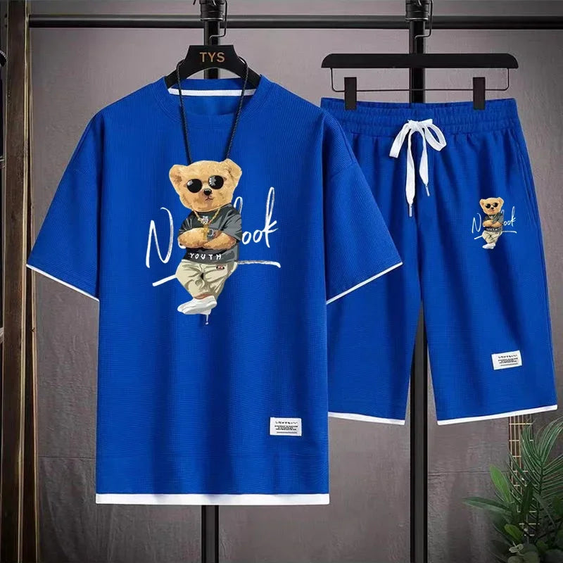Fashionable Men's Sports Suit Summer Casual Short Sleeve O Neck T-shirt And Sports Shorts 3D Bear Printing 2-Piece Set