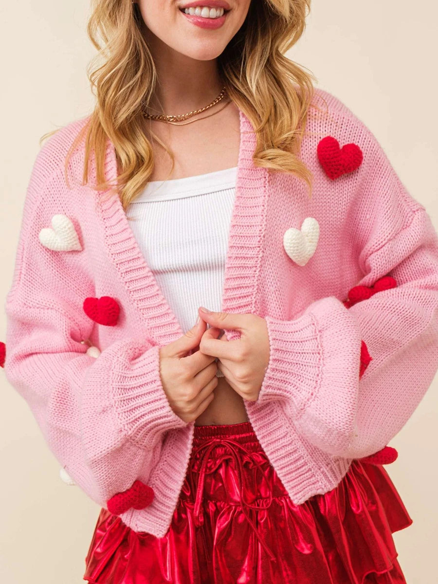 Valentine s Day Heart Print Knit Cardigan Sweater Long Sleeve Embroidered