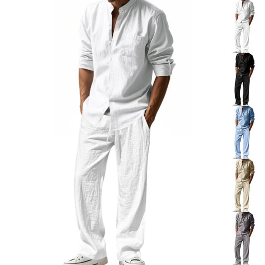 Spring and Summer Men's Suit Linen Casual Loose Breathable Long Sleeves Shirt Trousers 2 pc Set of Beach Vacation Essential