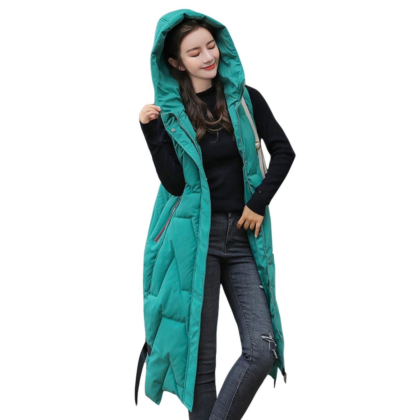 Quilted Puffer Vest with Hood Mid-Length Sleeveless Winter Waistcoat Zipper Closure Lightweight Down Coat