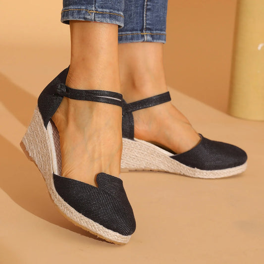Women's Platform Wedge Linen Sandals  Versatile Braided Buckle Breathable Wedge Sandals