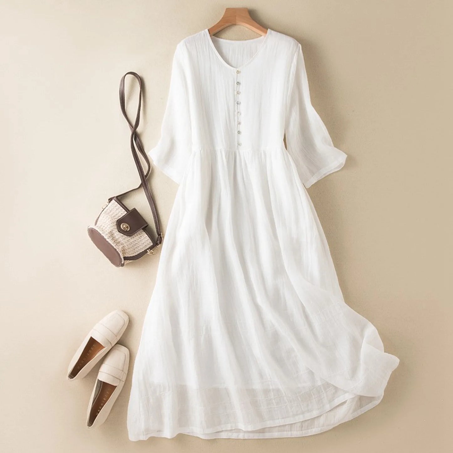 Summer Simple Plain Color V-neck Beach Midi Dress Women's Elegant Comfy Breathable Dresses Casual Sundress