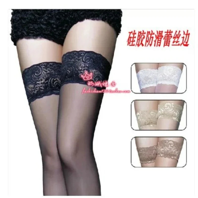 Sexy Lace Stockings Transparent Sexy Thigh High Long Socks Stockings with Anti-slip Stocking for Women