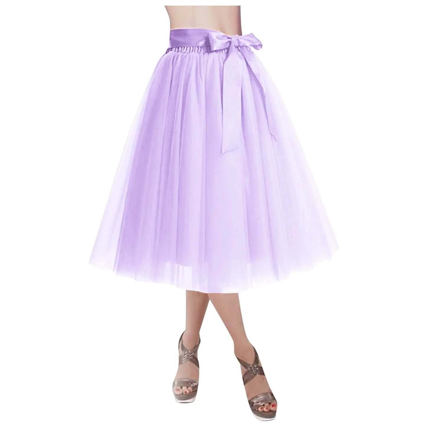 Women's Knee Length Mesh  Skirt Solid Color Elegant Elastic High Waist A-Line Petticoat