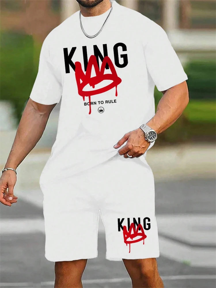 Men's Short Sleeve Shorts Set Fashion King Printed T-Shirt Shorts Sets of Casual Round Neck Breathable Sportswear
