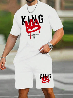 Men's Short Sleeve Shorts Set Fashion King Printed T-Shirt Shorts Sets of Casual Round Neck Breathable Sportswear