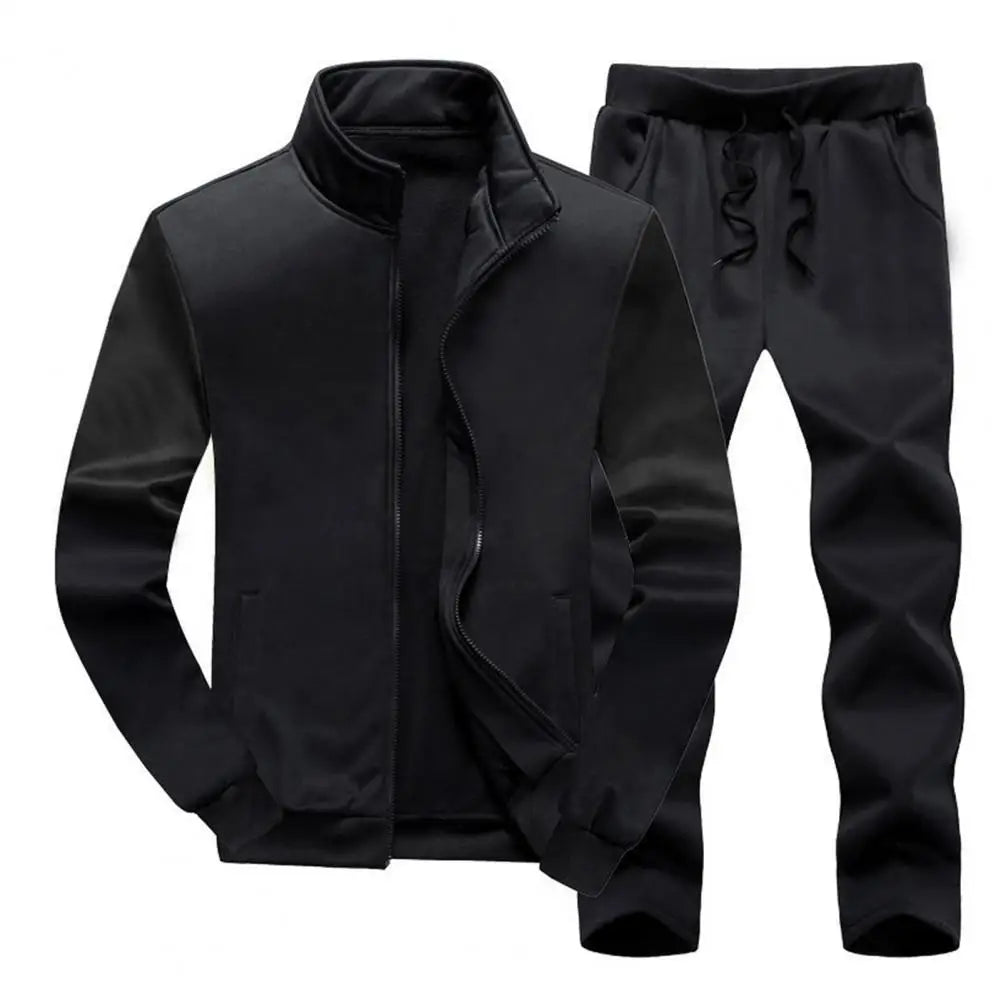 1 Set Men Sweatshirt Sweatpants Solid Color Stand Collar Tracksuit Sportswear Autumn Winter Zipper Jacket Pants Streetwear
