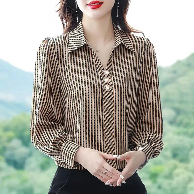 Striped Print  Office  Business Casual Shirt Spring Autumn Long Sleeve