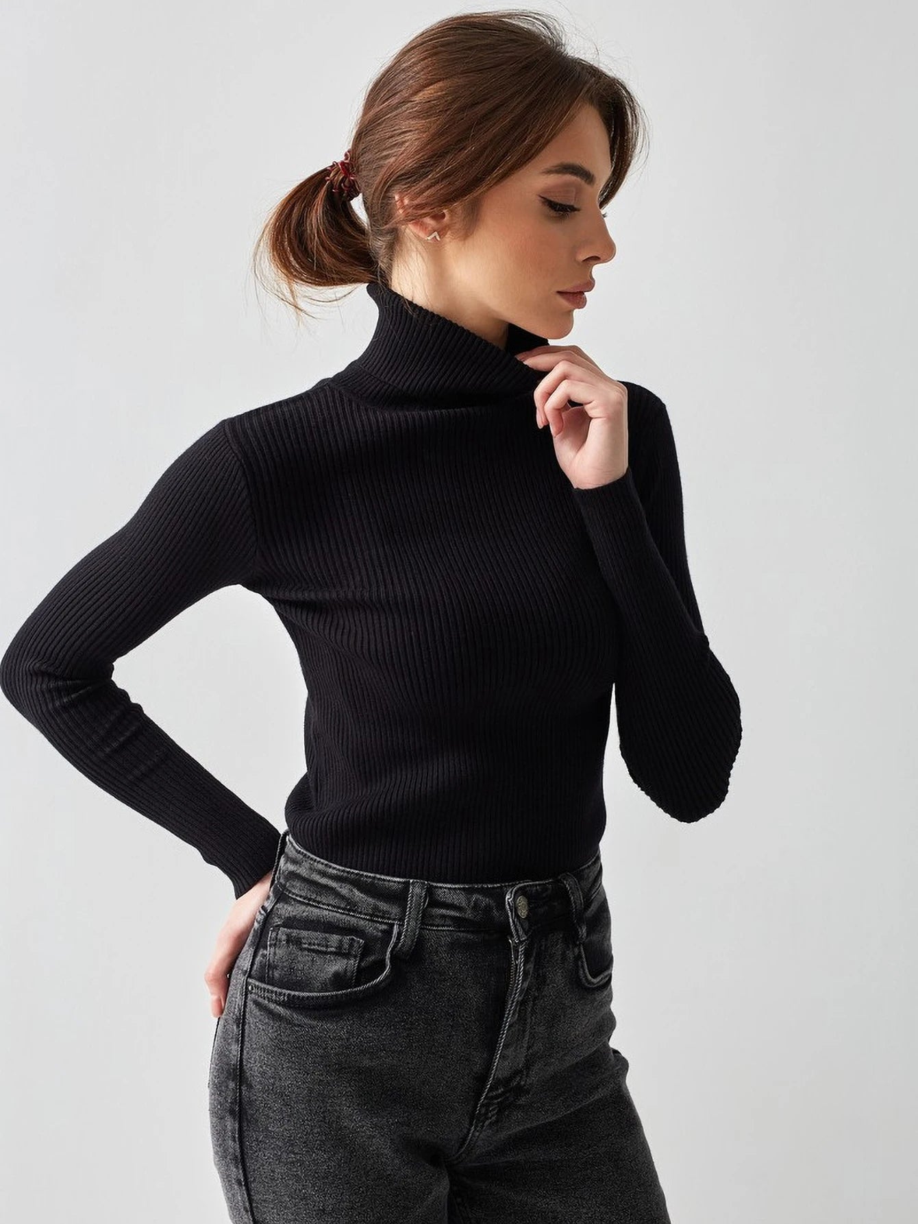 New Elegant Style Simplicity High Collar Solid Color Regular Sleeve Sweater Pullover