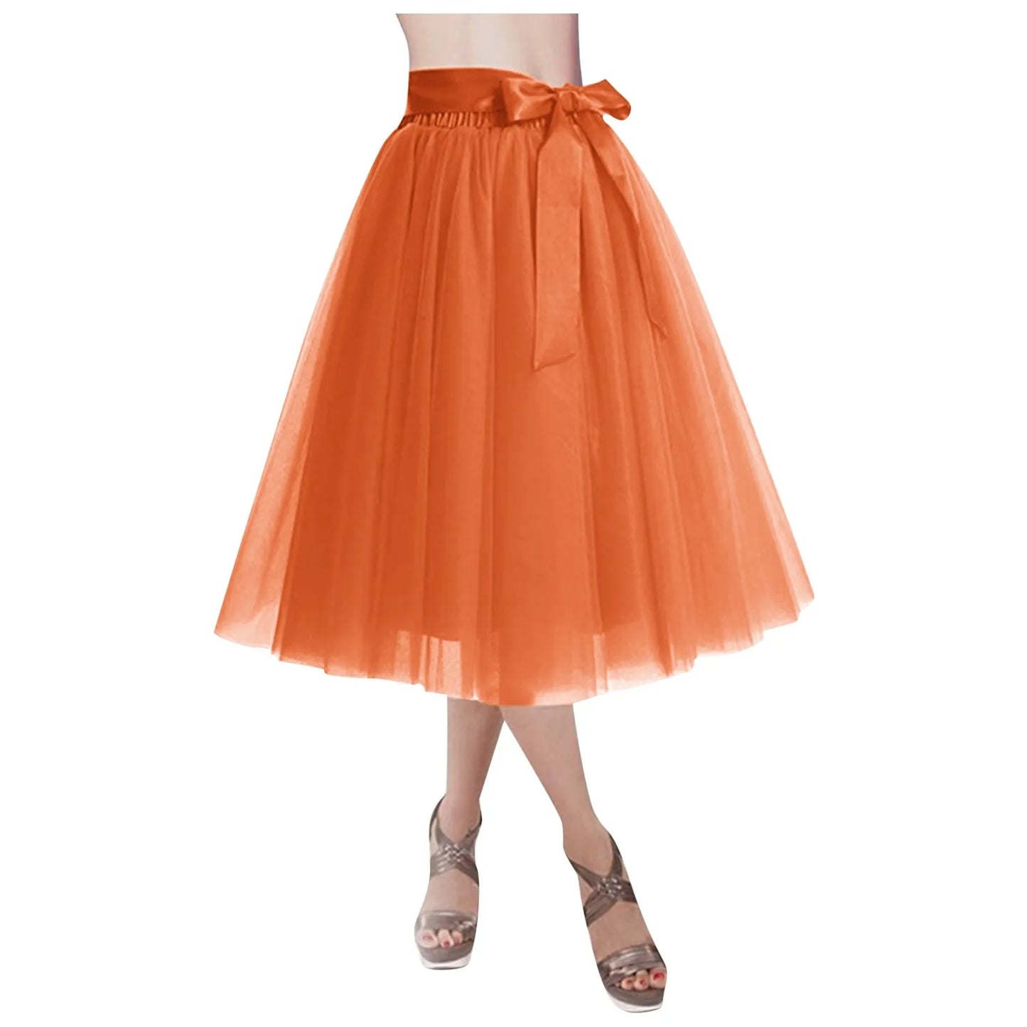 Women's Knee Length Mesh  Skirt Solid Color Elegant Elastic High Waist A-Line Petticoat