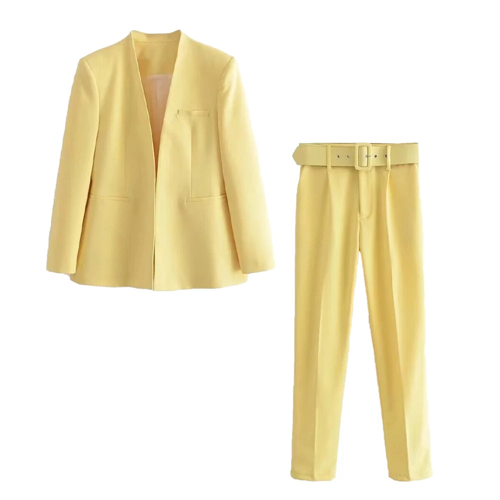 Casual Women's Wear Simple Fashion Solid Color Suit Top Straight Pants Set Two Piece Set Blazer Pants