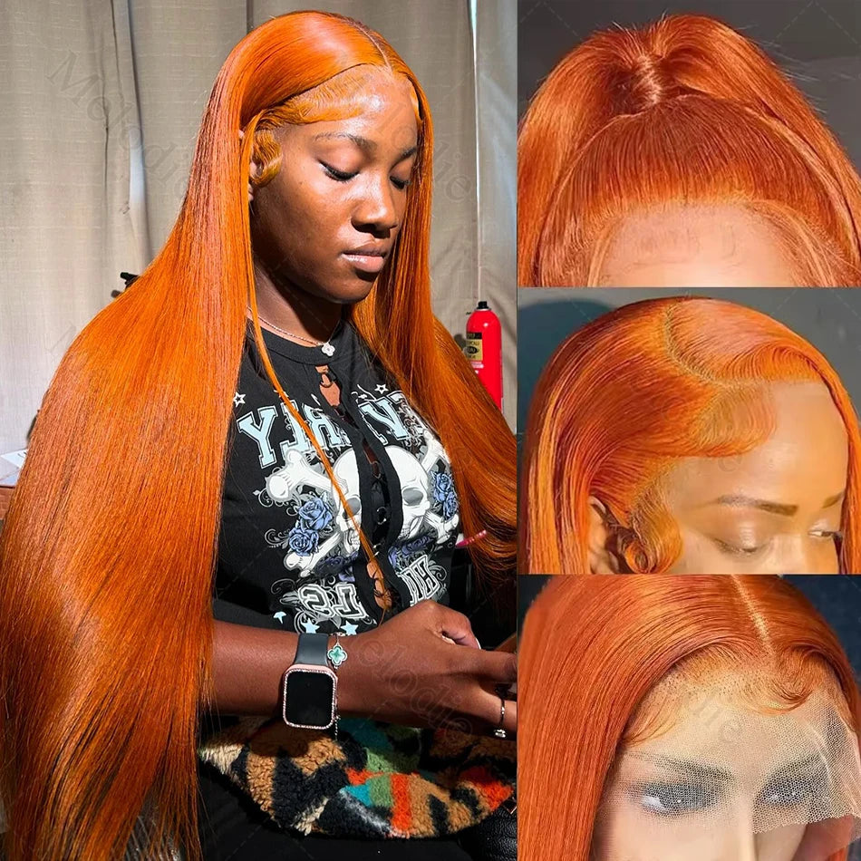40 Inches Straight Ginger Orange Human Hair Wig Lace Front 13x6 13x4 HD Frontal Colored Wigs
