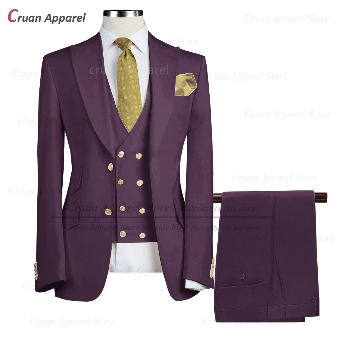 Tailor-made Brand Suits for Men Slim fit Prom Wedding Groom Tuxedo Set Party Gold Buttons Blazer Vest Pants 3 Pieces