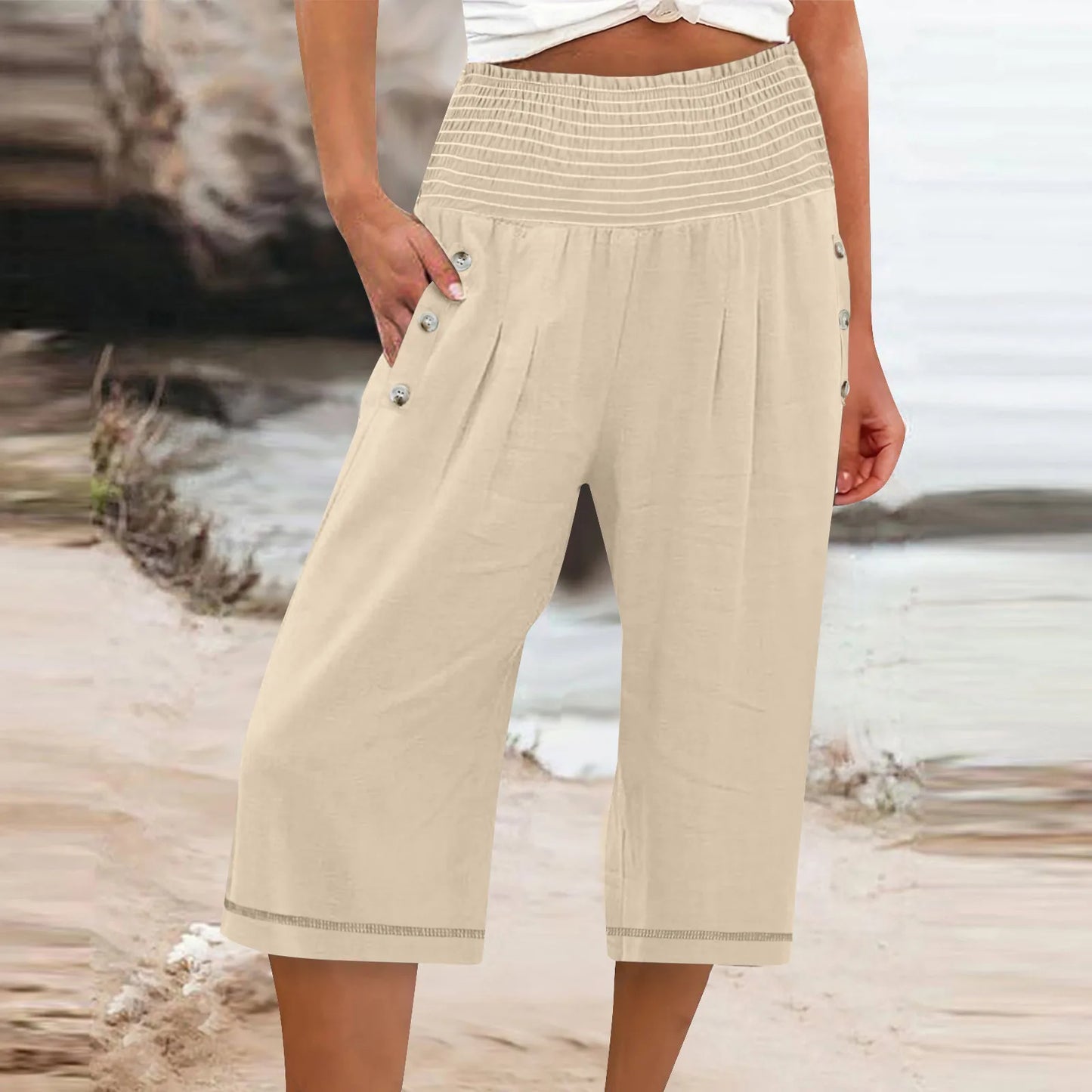 Women Cropped Pants Cotton Linen Baggy Trousers Drawstring Elastic Waist Solid Straight Pants