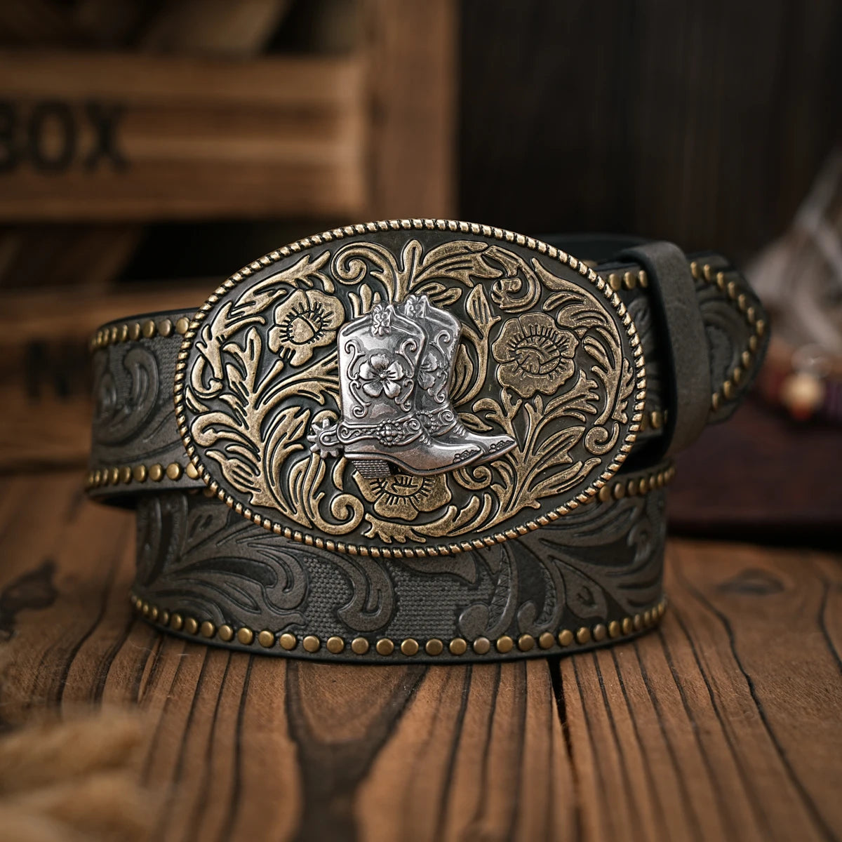 Men - Women - Western Denim - pu leather - Belt - Vintage jeans with floral carved boots buckle belt