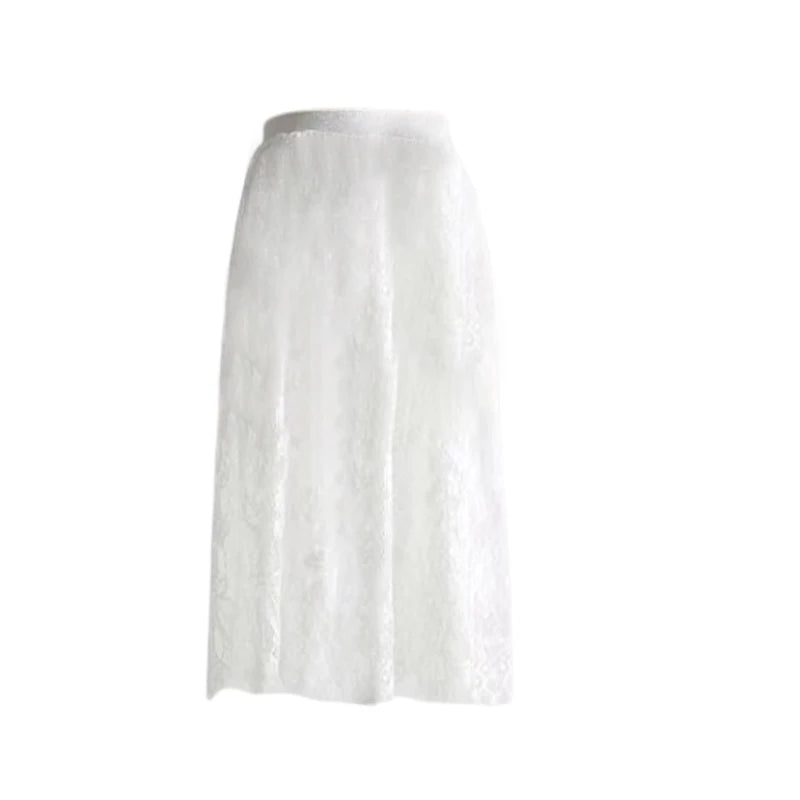 Floral Lace Maxi Skirt with Elastic Waistband and Sheer Mesh Overlay - Perfect for Layering Under Dresses