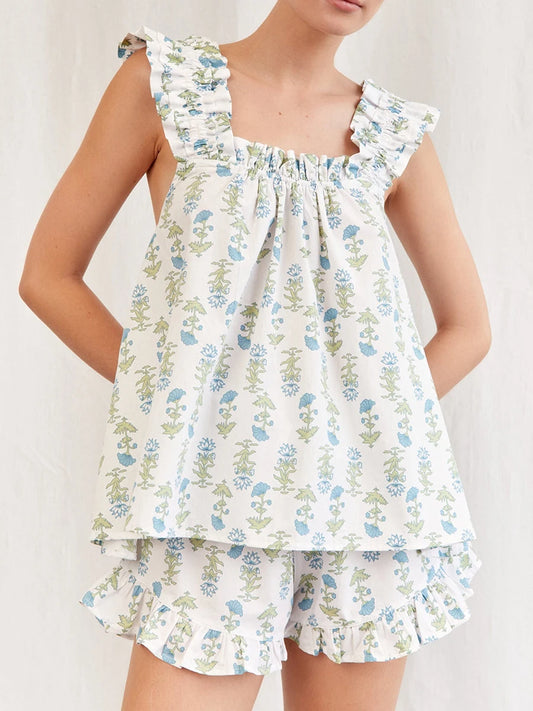 Floral Print Summer Set Square Neck Flutter Sleeve Loose  Ruffled Shorts 2-Piece Outfits