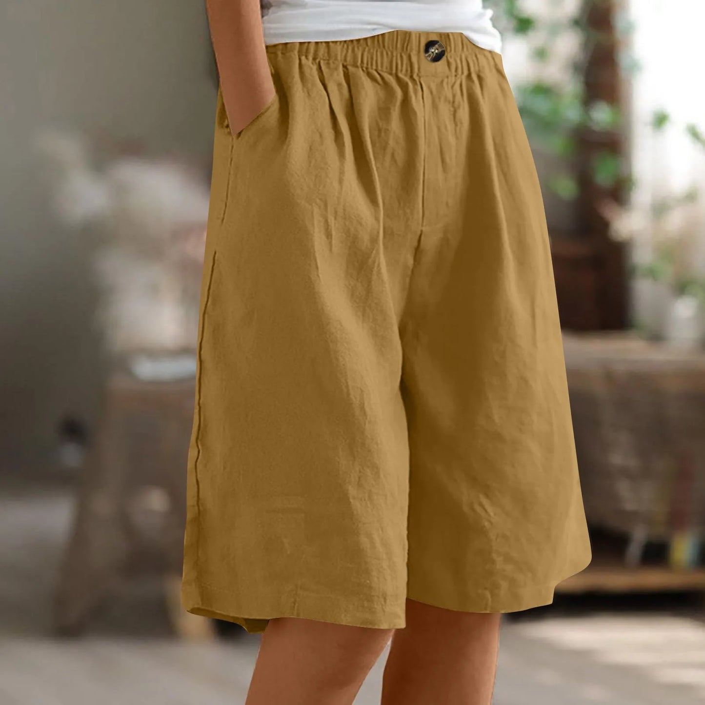 Women's Fashion Solid Color Shorts Pocket Button Up Capris Loose Elastic Waist Cotton Linen Shorts