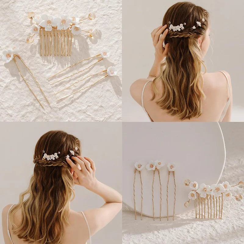 Luxury Pearls Flower Hair Comb Hair Pins Clips Set Cute Hair Fork Headpieces for Women Jewelry Gift Hair Accessory