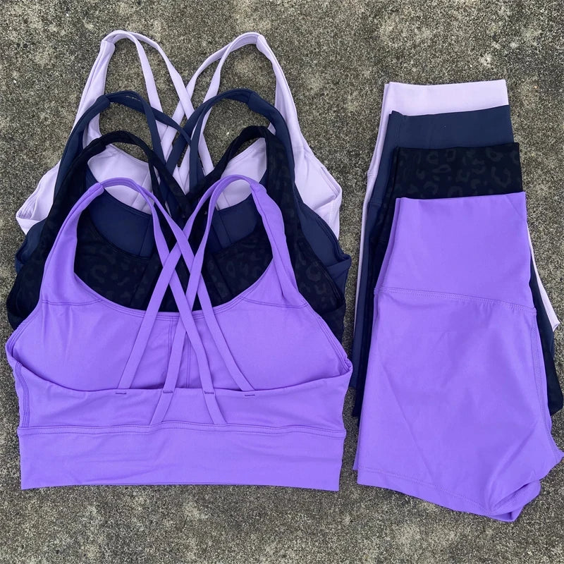 Yoga Clothes 2 Piece Gym Sports Shorts Set Women Cross Back Bra Top High Waist Shorts Fitness Suit Running Workout Tracksuit