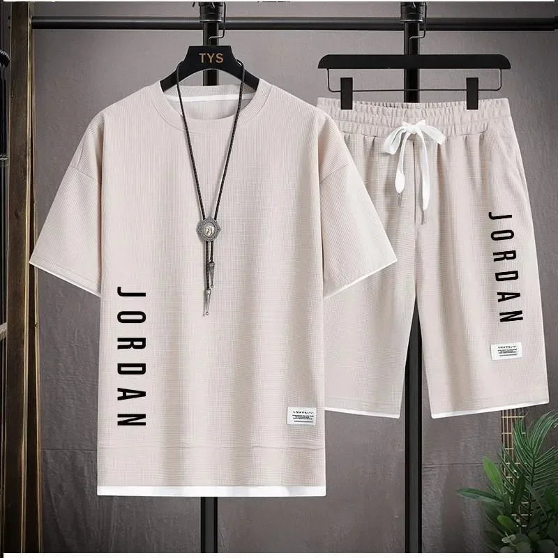 Stylish casual T-shirt + Shorts set Men's sports set Loose comfortable low Run  men's summer Waffle suit