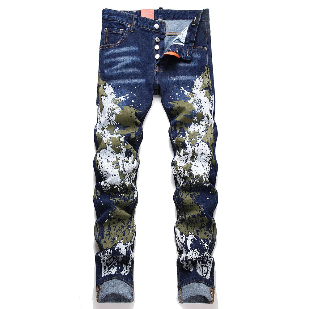 Painted Stretch Denim Jeans Streetwear Slim Tapered Pants Button Fly Blue Cotton Trousers