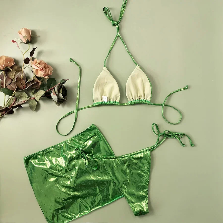 Bright 3-piece Swimsuit Women summer Bikini mini Triangle Cup Low Waist Lace-up Thong Beachwear with skirt cover
