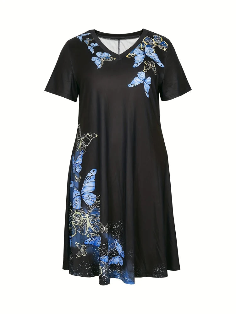 Plus Size Women's Casual Dresses Short Sleeve Summer Sundress with Pockets V Neck Swing Maxi Dresses
