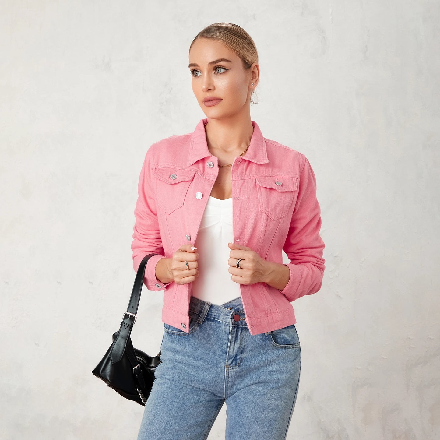 Solid Color Denim Jacket  Lapel Button Cardigan Jean Jacket  Casual Long Sleeve Short Coat