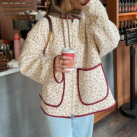 Floral Print Pocket Cardigan Quilted Jacket Elegant High Street Outerwear
