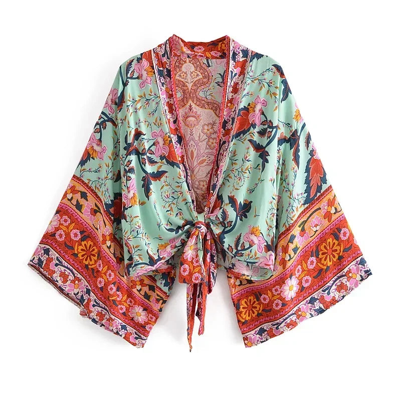 Hippie Queens Floral Print Sashes Short  Kimono Women Fashion V Neck Batwing Sleeves Lady Boho Bikini Cover-ups