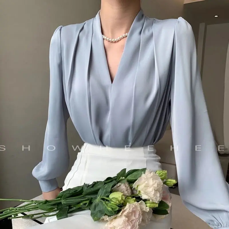 Elegant Fashion Solid Color Bohemian Office Deep V Neck Long Sleeve Tops