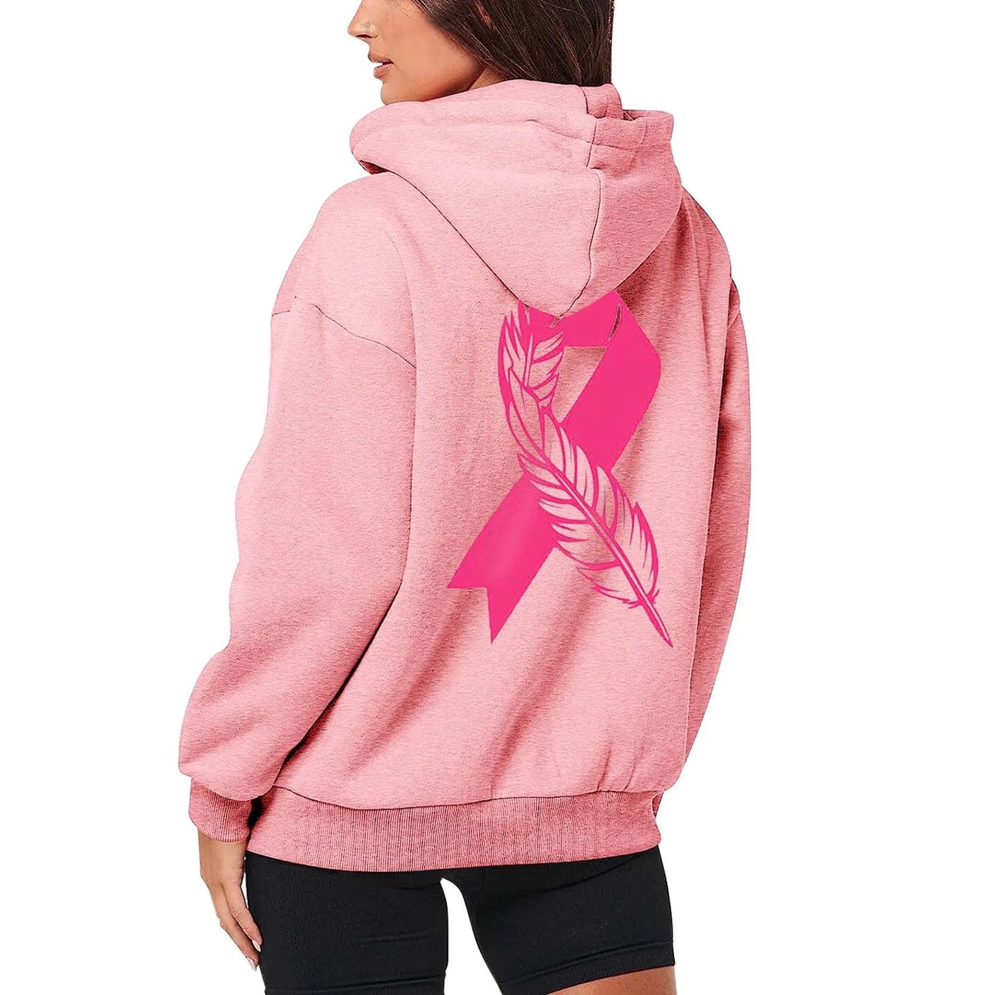 Women's Pink October Hoodies Breast Cancer Awareness Ribbon Feather Print Zipper Sweatshirts Long Sleeve Women Hoodies