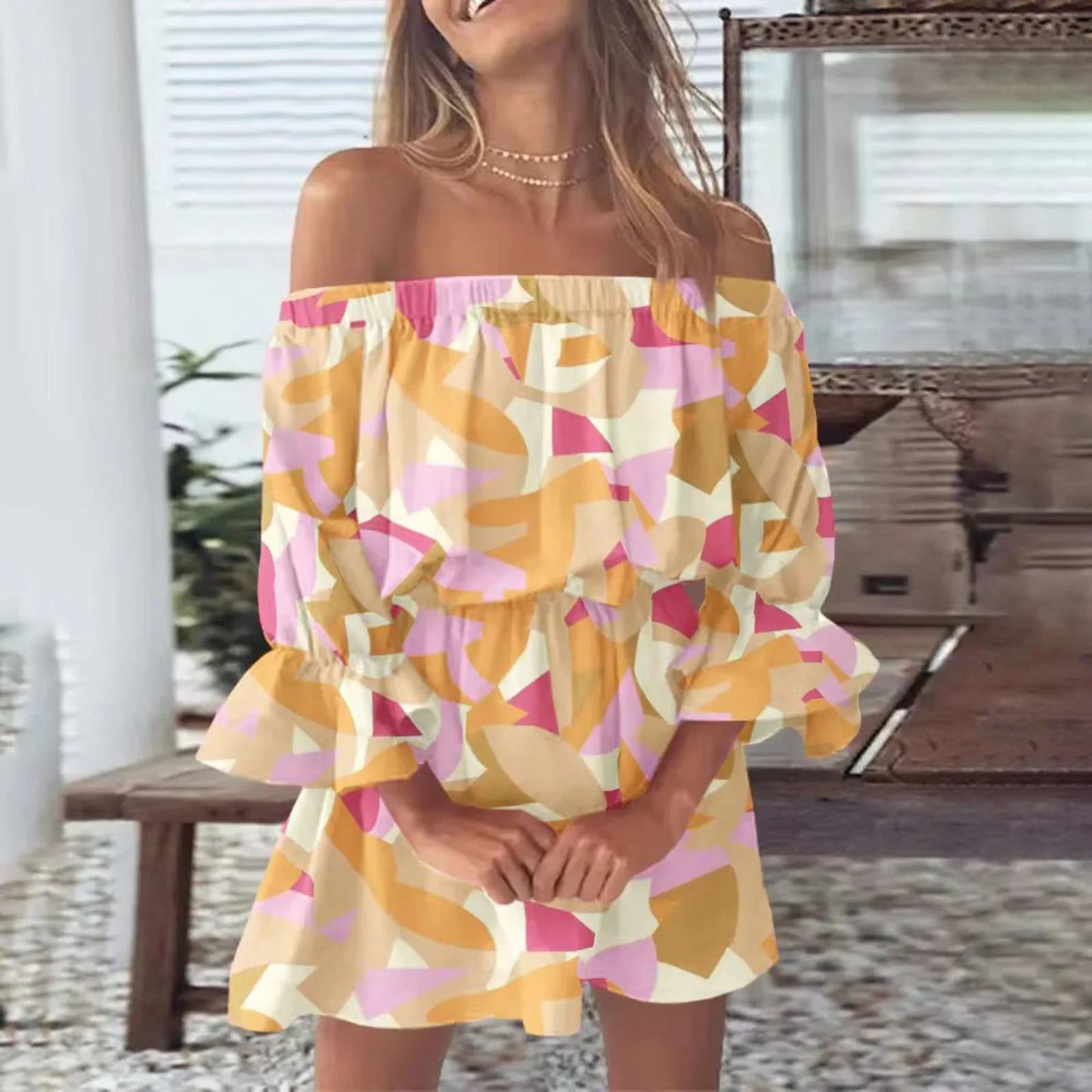 Summer Sexy Off Shoulder Party Dress Women Sexy Print Tunic Sundresses Casual Loose Fit Bell Sleeve Mini Dress