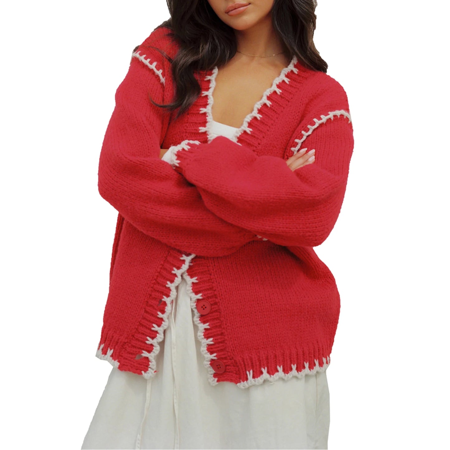Ladies Cozy Knit Pullover Sweater with Stylish Ribbed Trim and Oversized Button Front for Chic Layering Look