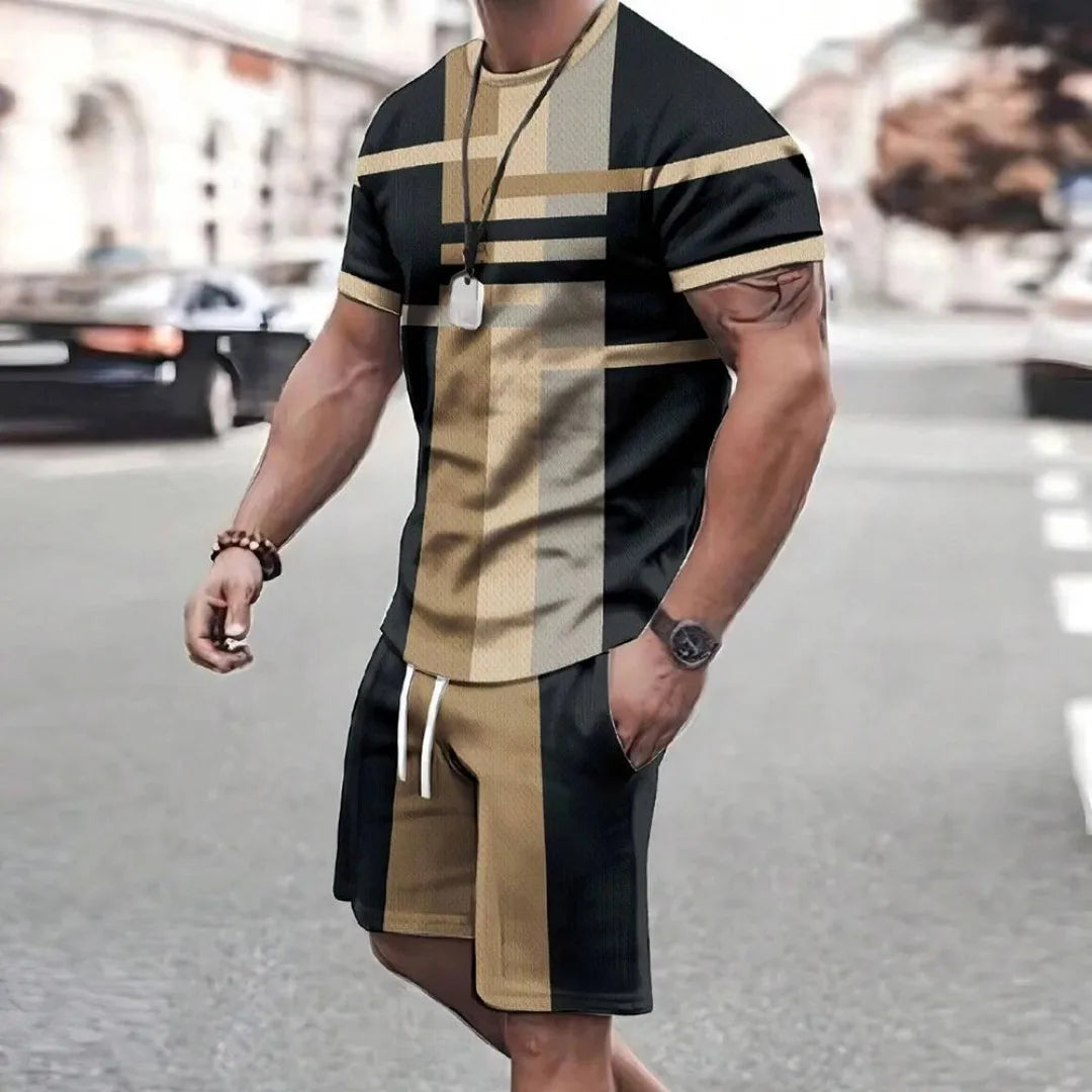Fashion Men's sports shorts Short sleeve T-shirt style casual shorts set Retro cool breathable and two piece set