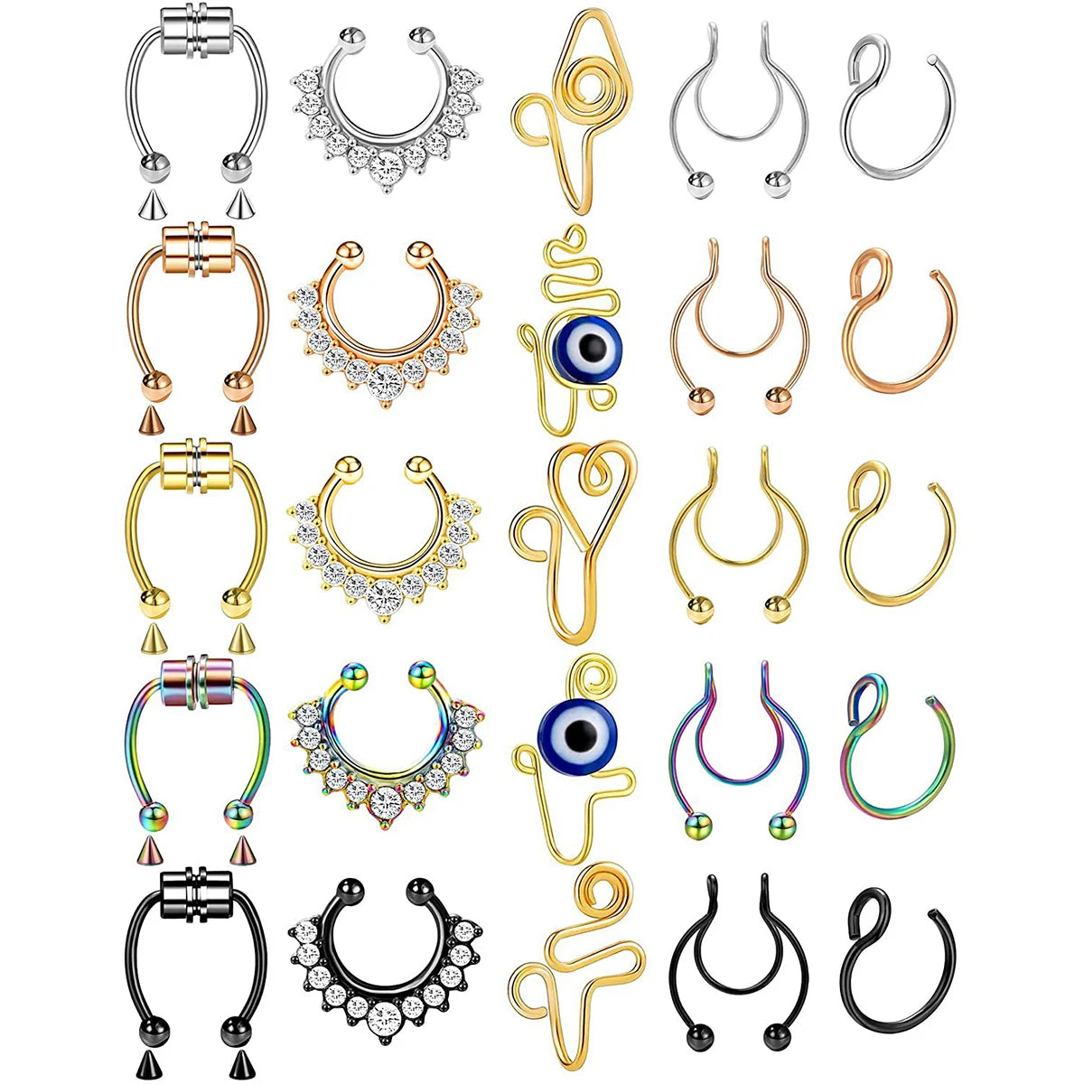 25 Pcs  Septum Nose Rings Hoops Stainless Steel Faux Piercing Jewelry