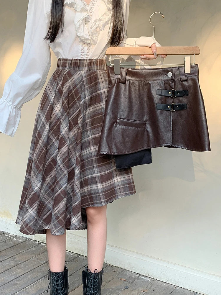 Stylish 2 Piece Stitching PU Plaid Skirts
