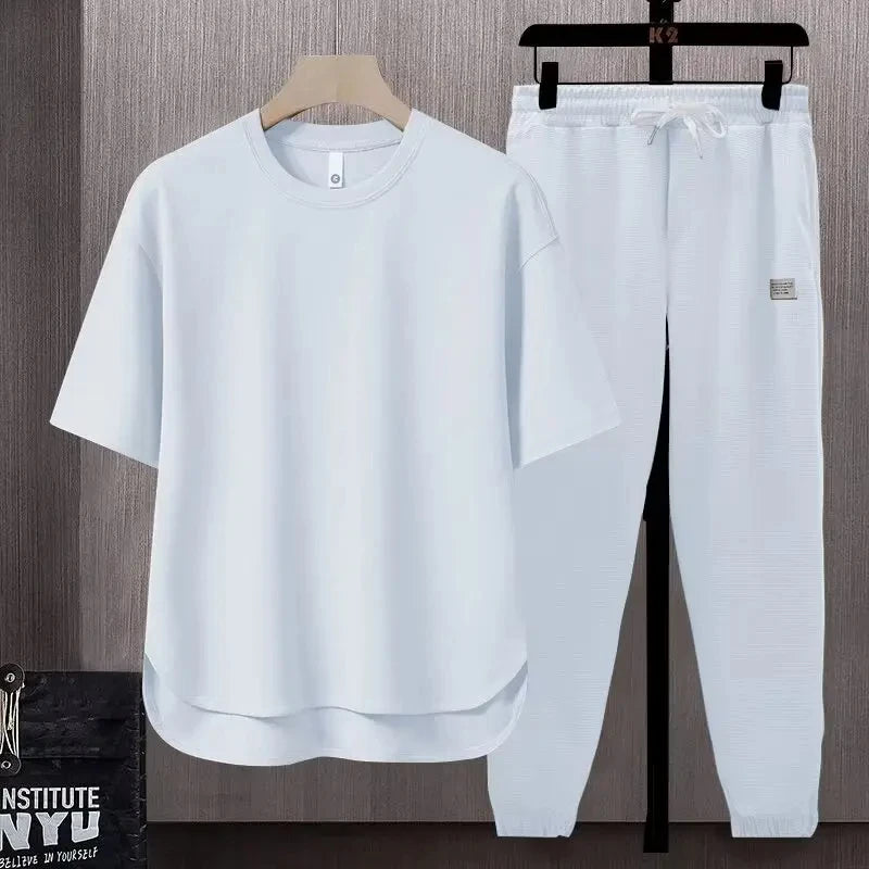 Summer Trend Loose Solid Color Breathable Men's Cotton Casual Short-sleeved Drawstring Pants Two-piece T-shirt Set