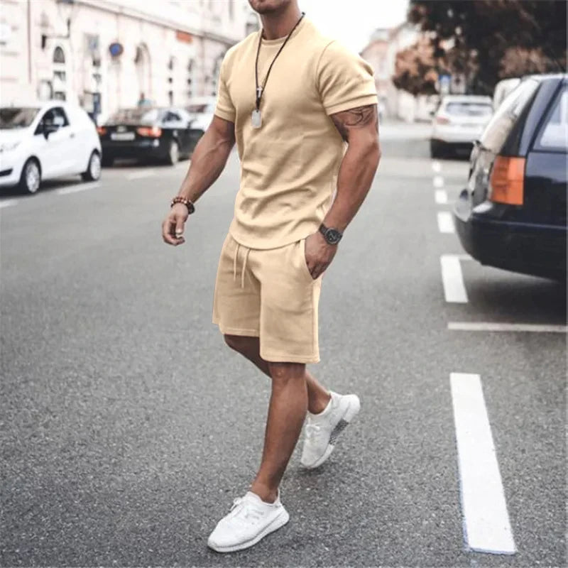 Solid Color Europe and The United States Men's  Summer  Short Sleeve T-shirt  +Shorts 2pcs Set Leisure Sports Men Suit
