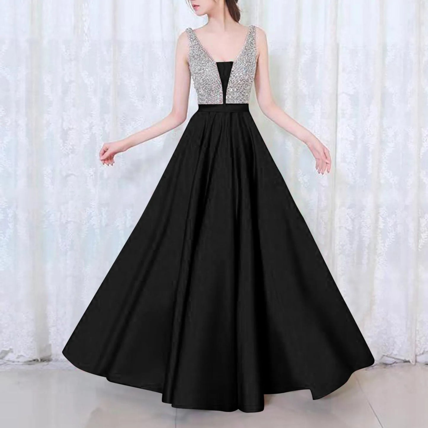 Fashion Sexy V-neck Sequin Evening Dress Women's Elegant Sleeveless High Waist Swing Hem Sparkly Dress Female Prom Dresses