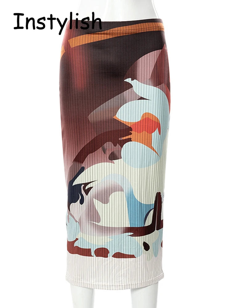 Vintage Art Print Ribbed Midi Skirt