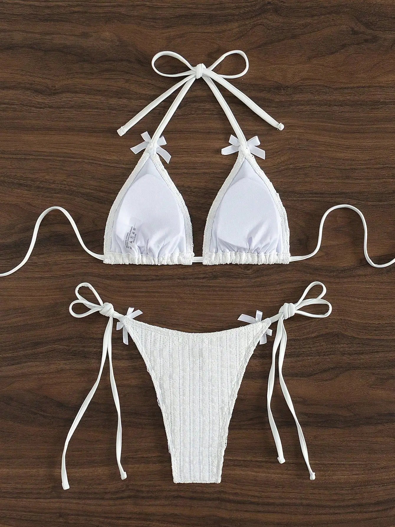 Solid Color White 2 Piece Swimsuit  Bow Triangle Halter Backless Bikini Set Lace-up Thong Bathing Suit Swimwear