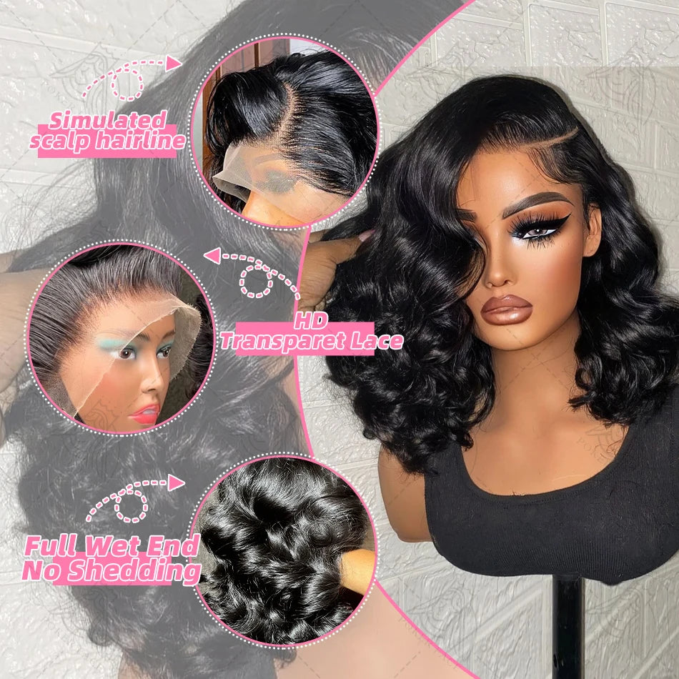 Brazilian Body Wave Short Bob 13x4 13x6 HD Transparent Lace Front Human Hair Wigs 5x5 high density