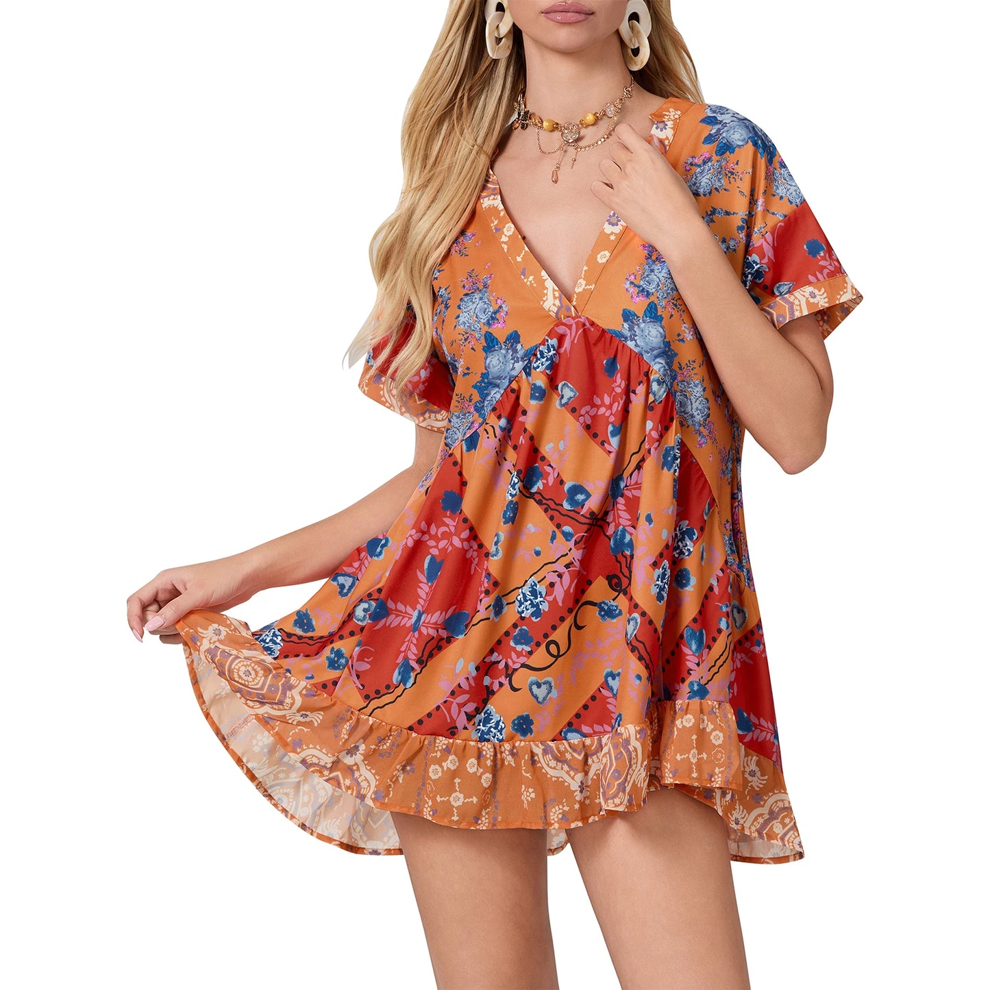 Women s Sleeveless Dress with Ruffle Hem in Tropical Print Summer Boho Beach Dress with Pockets