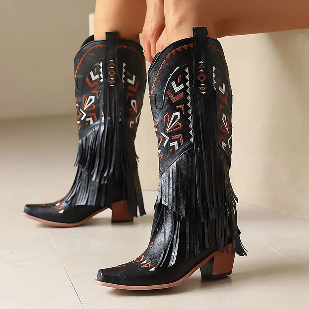 Retro Tassel Embroidered Cowgirl Mid-Calf  Western Boots Pointed Toe Chunky High Heel