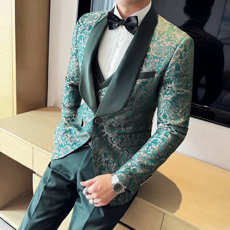 Men's British Style Business Casual Three-Piece Suit Vest Trousers High-Density Jacquard Wedding Prom