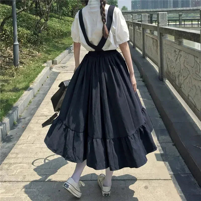 Preppy Style Strap Long Skirt Ruffles Loose